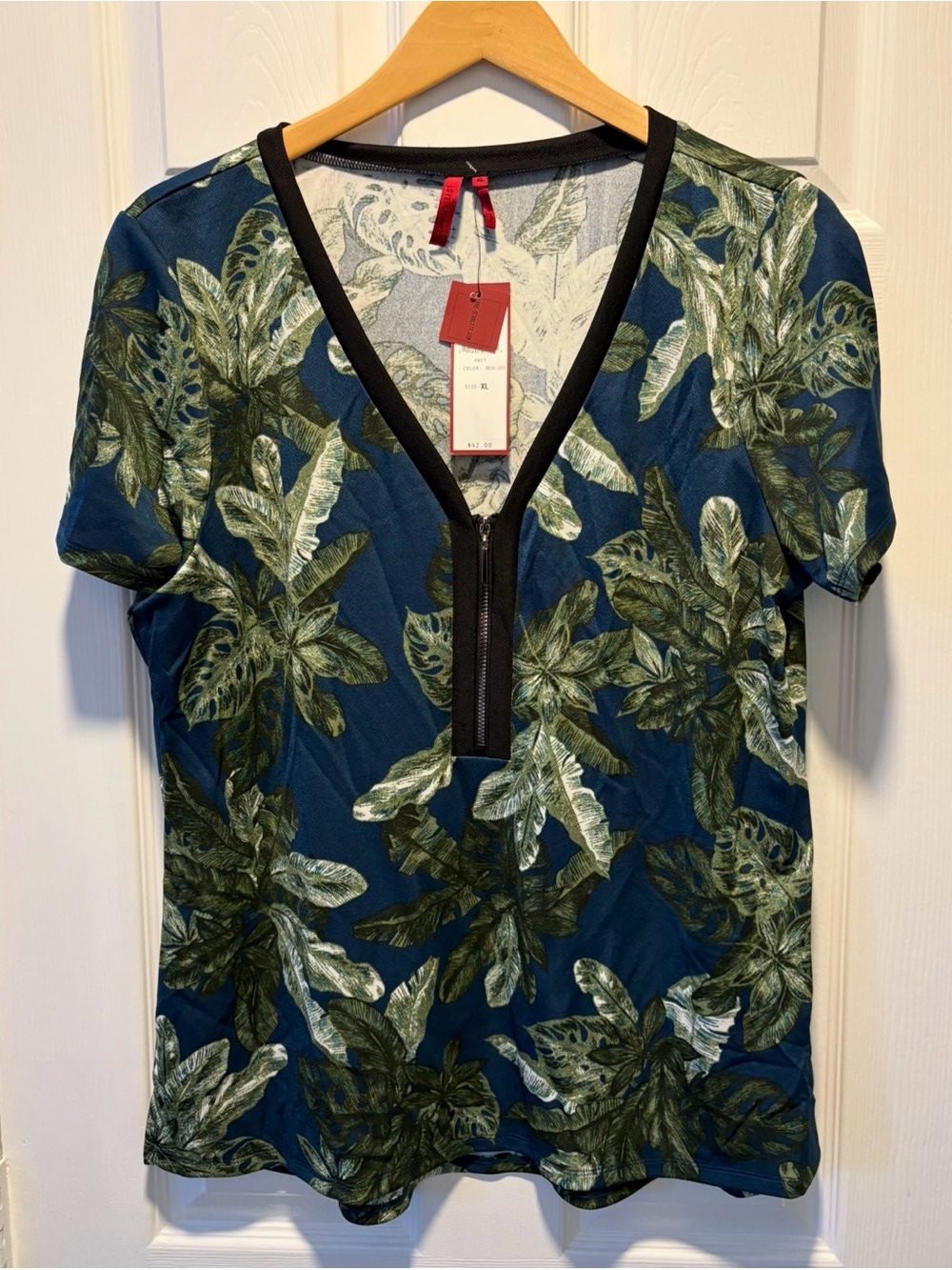 Men's Teal Leaf-Print V-Neck Zip Short Sleeve Shirt